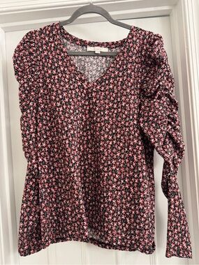 LOFT Black Knit Top with Pink & White Floral Detail